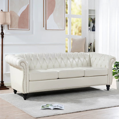 Rolled Arm Chesterfield 3 Seater Sofa in white leather with tufting and nailhead trim on Tampa Home & Garden Store