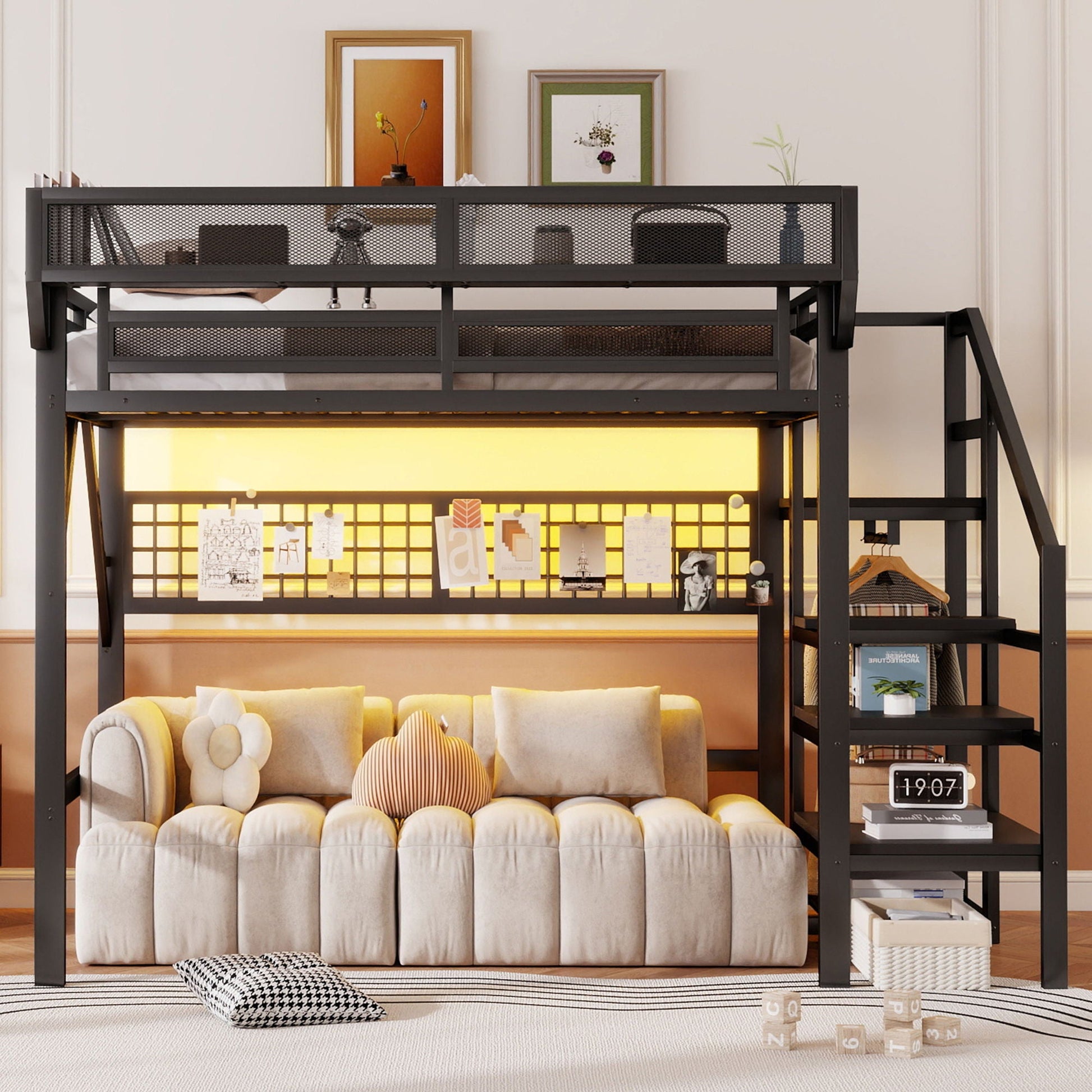 Loft bed with stairs and storage by HouseOfZazla, black metal frame with mesh panels on Tampa Home & Garden Store