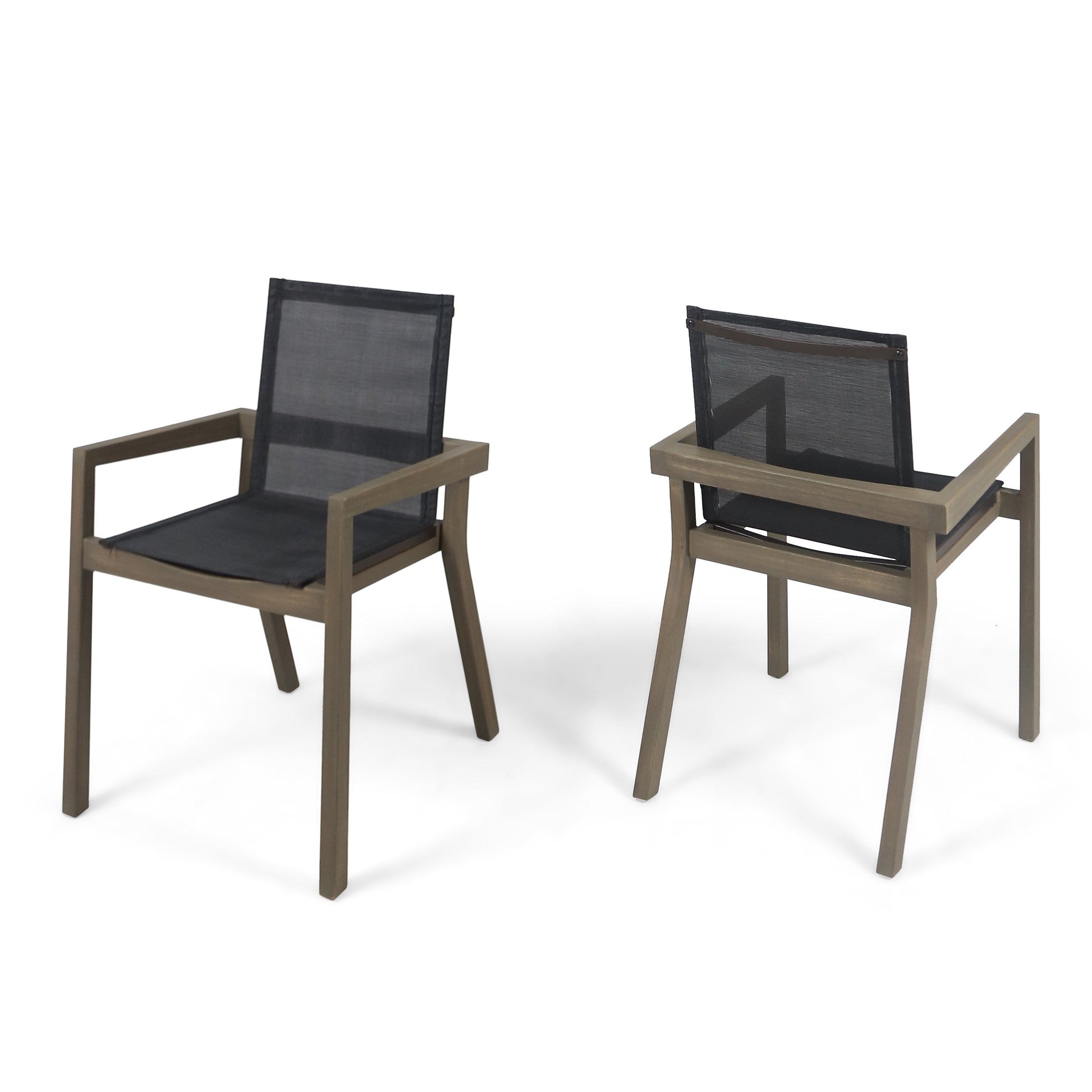 7-Piece Acacia Wood Outdoor Dining Set two chairs with black mesh backs and armrests on Tampa Home & Garden Store