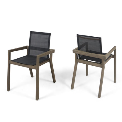 7-Piece Acacia Wood Outdoor Dining Set two chairs with black mesh backs and armrests on Tampa Home & Garden Store
