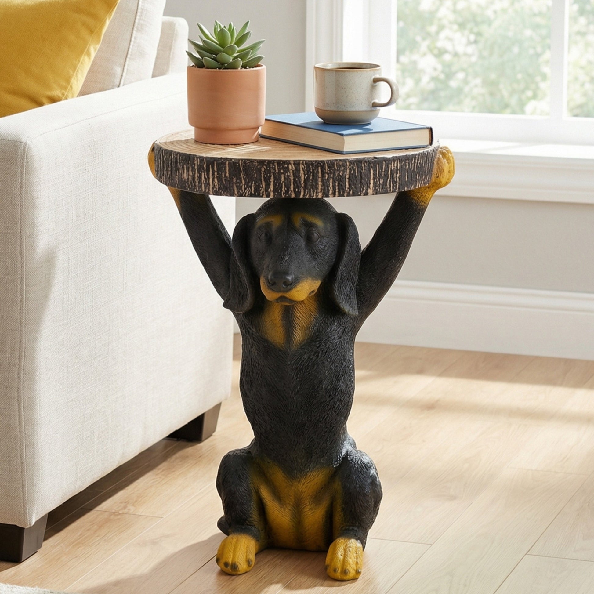 Whimsical black dog MGO side table by HouseOfZazla with round wood top plant pot and mug on Tampa Home & Garden Store