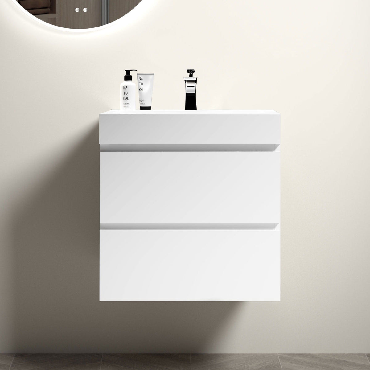 White modern floating bathroom vanity with large storage and chrome faucet on Tampa Home & Garden Store