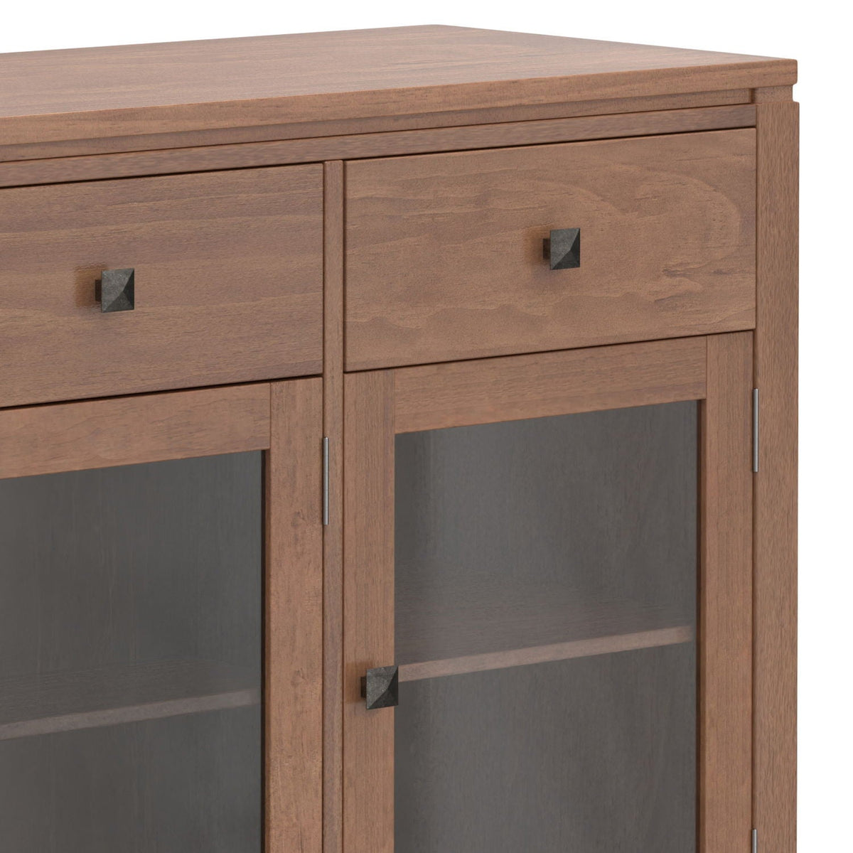 Handcrafted sideboard buffet with glass doors, oak finish, two top drawers with square pulls on Tampa Home & Garden Store