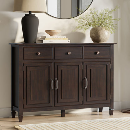 Connaught Wide Entryway Cabinet in dark walnut with metal pulls; lamp and vase on top on Tampa Home & Garden Store