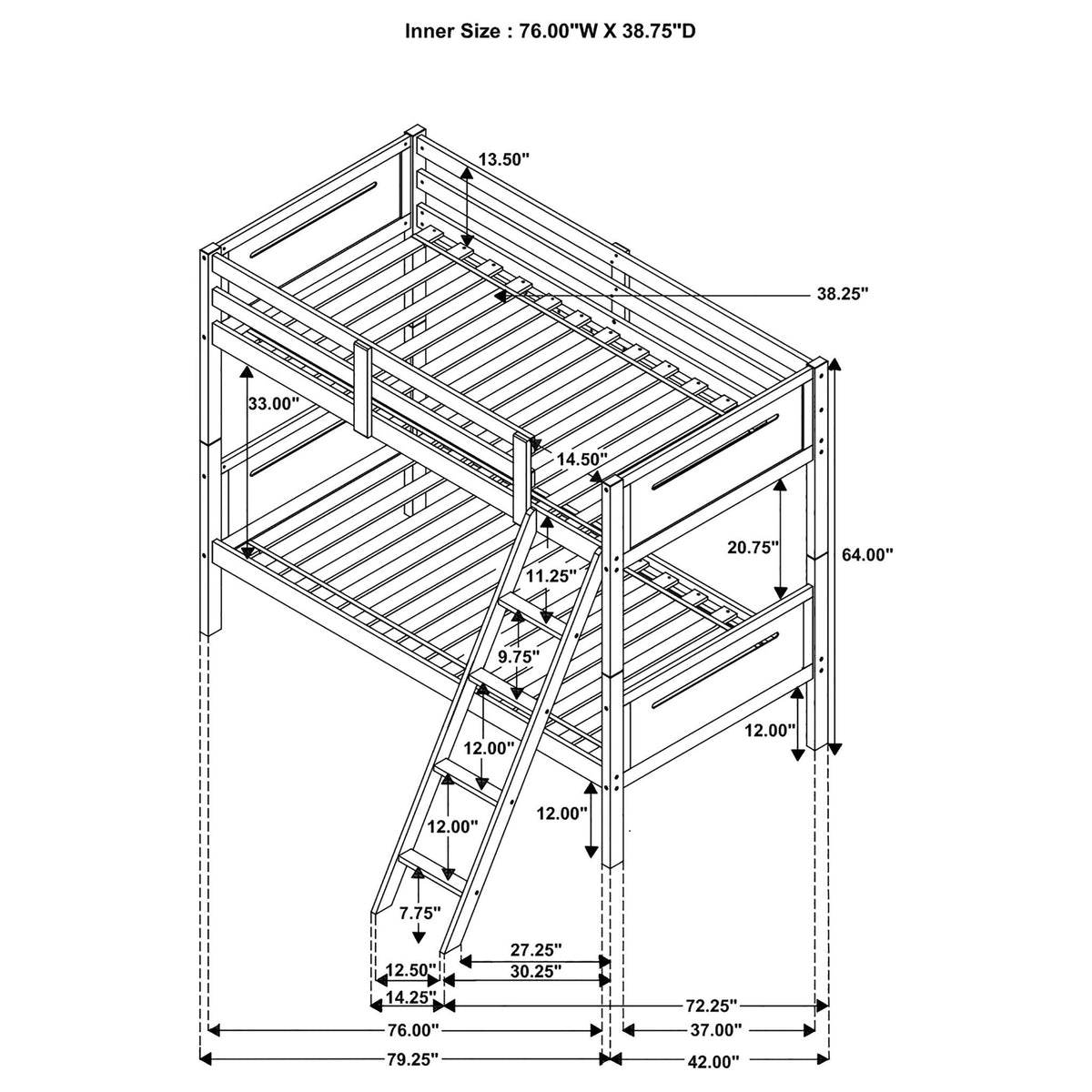 Bunk bed with built-in ladder, guardrails and angled access step, HouseOfZazla schematic on Tampa Home & Garden Store