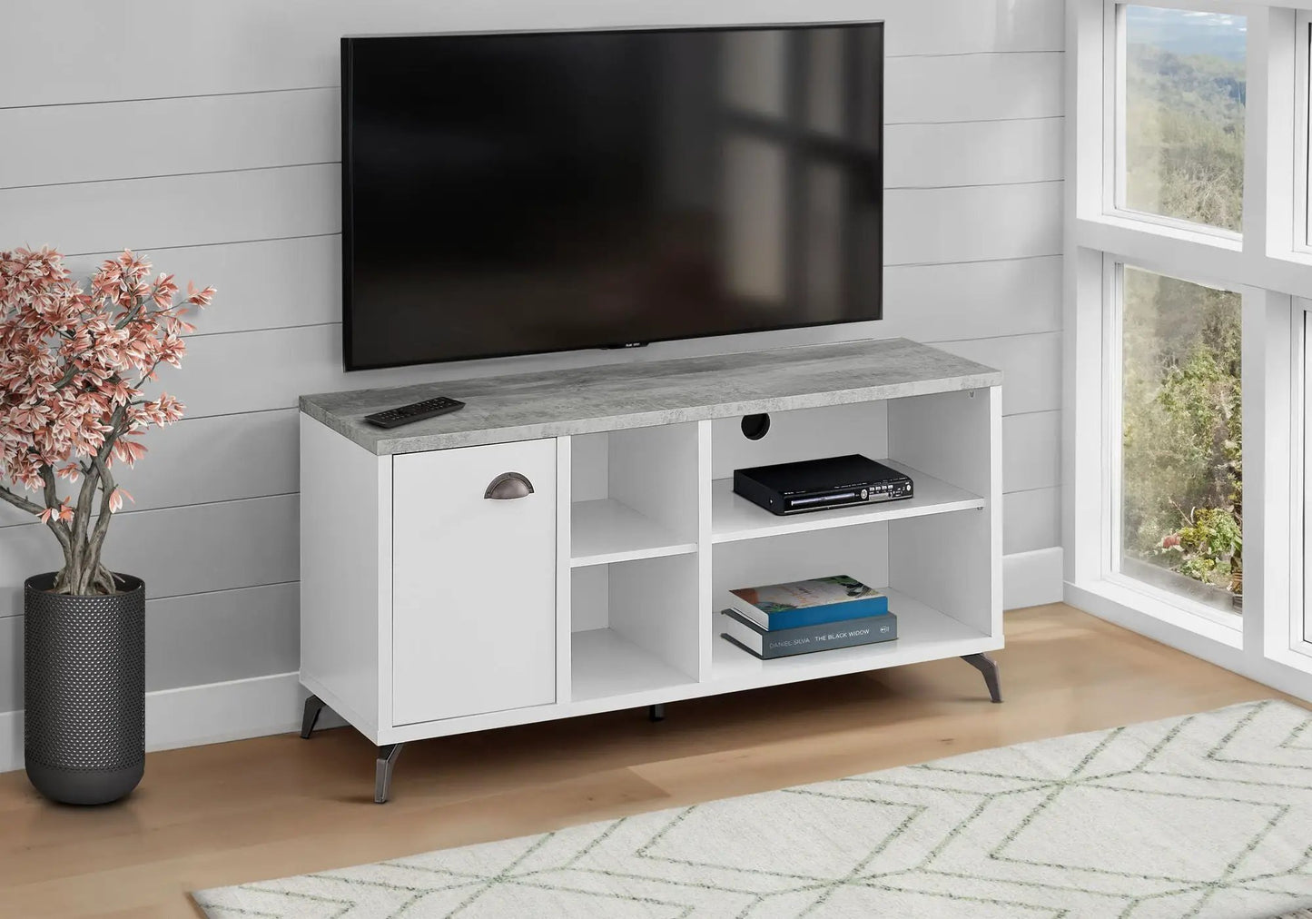 TV stand by Unique Piece Furniture, white storage console with gray marble top on Tampa Home & Garden Store