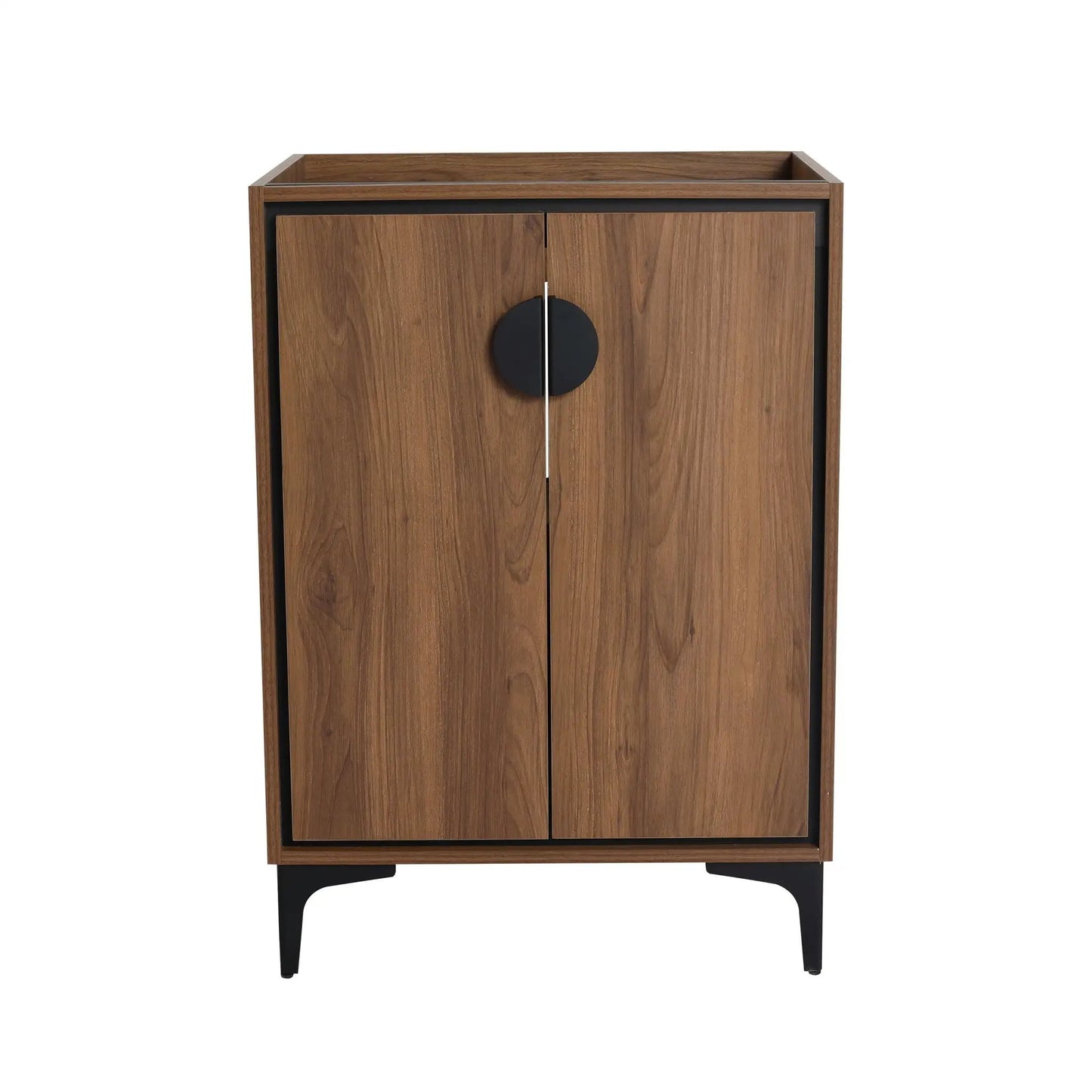 Vanity storage cabinet walnut engineered wood with two doors and black round pulls on Tampa Home & Garden Store