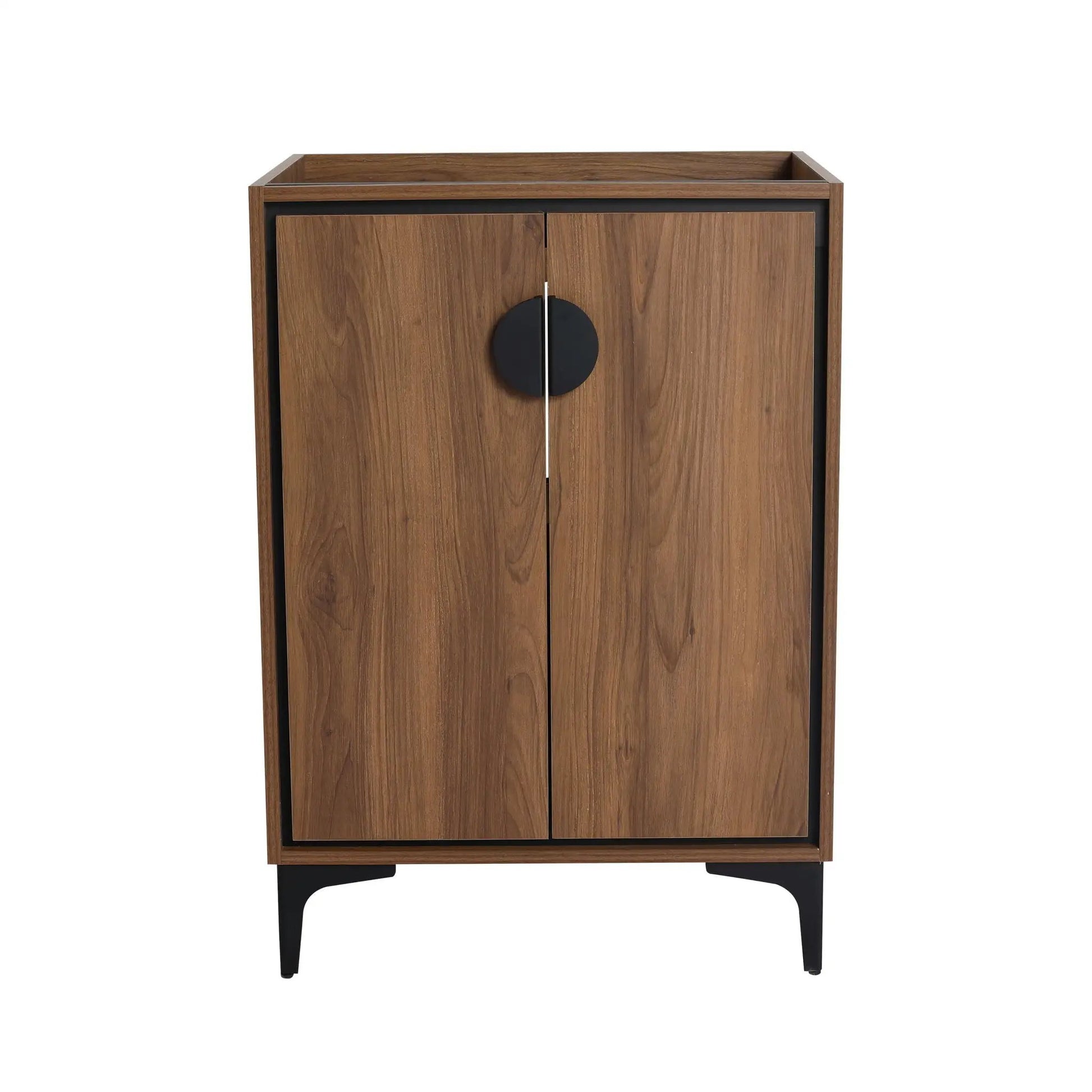 Vanity storage cabinet walnut engineered wood with two doors and black round pulls on Tampa Home & Garden Store