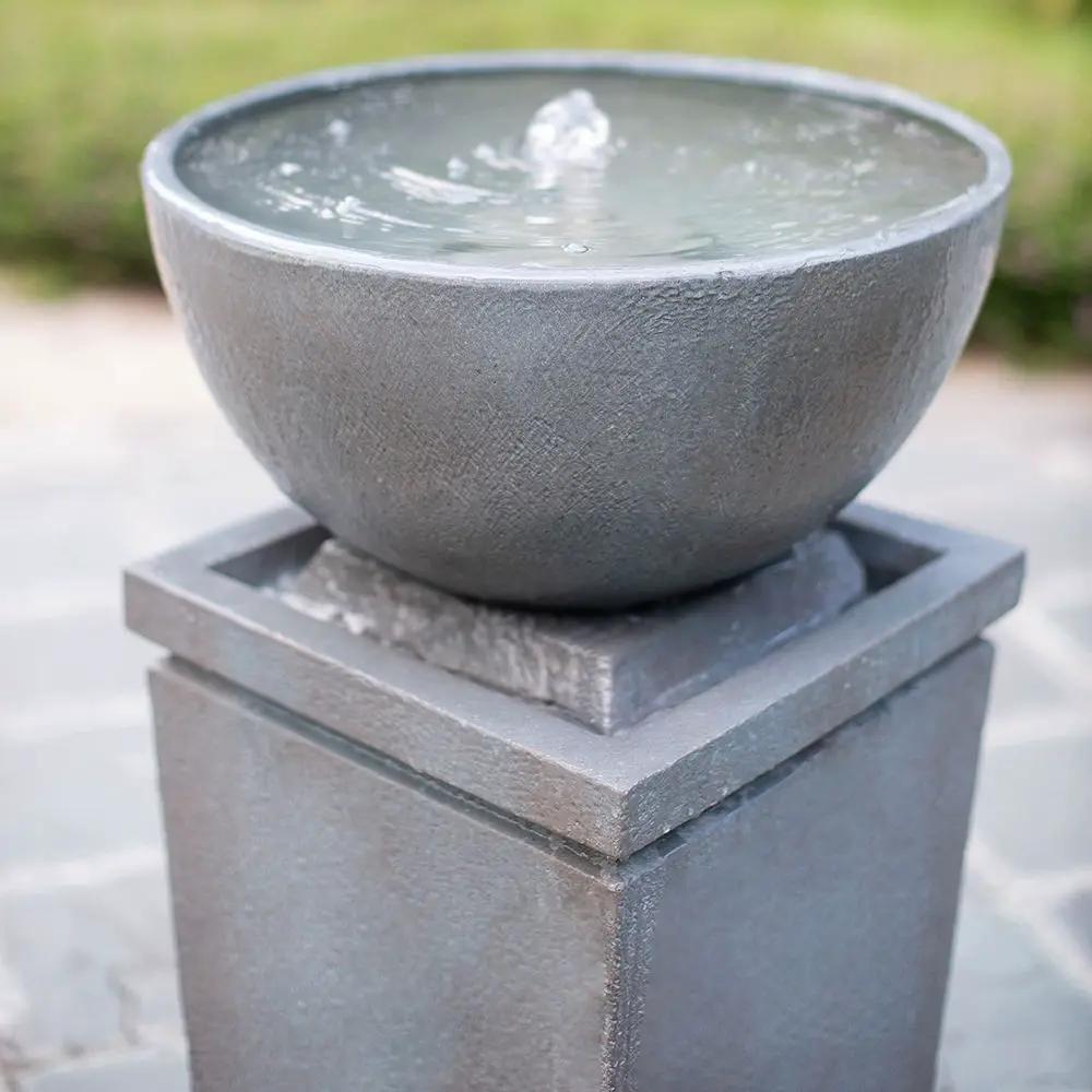 Zen Bowl Water Fountain outdoor bird feeder bath with gray textured bowl on square pedestal Unique Piece Furniture on Tampa Home & Garden Store
