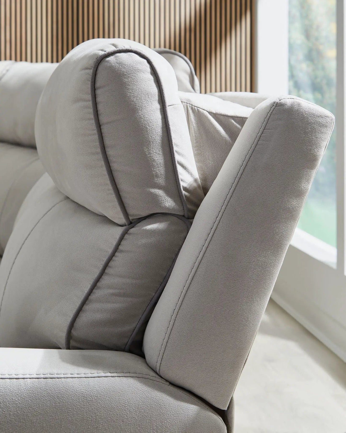 Social Pointe reclining sectional gray fabric with soft cushions and precise stitching on Tampa Home & Garden Store