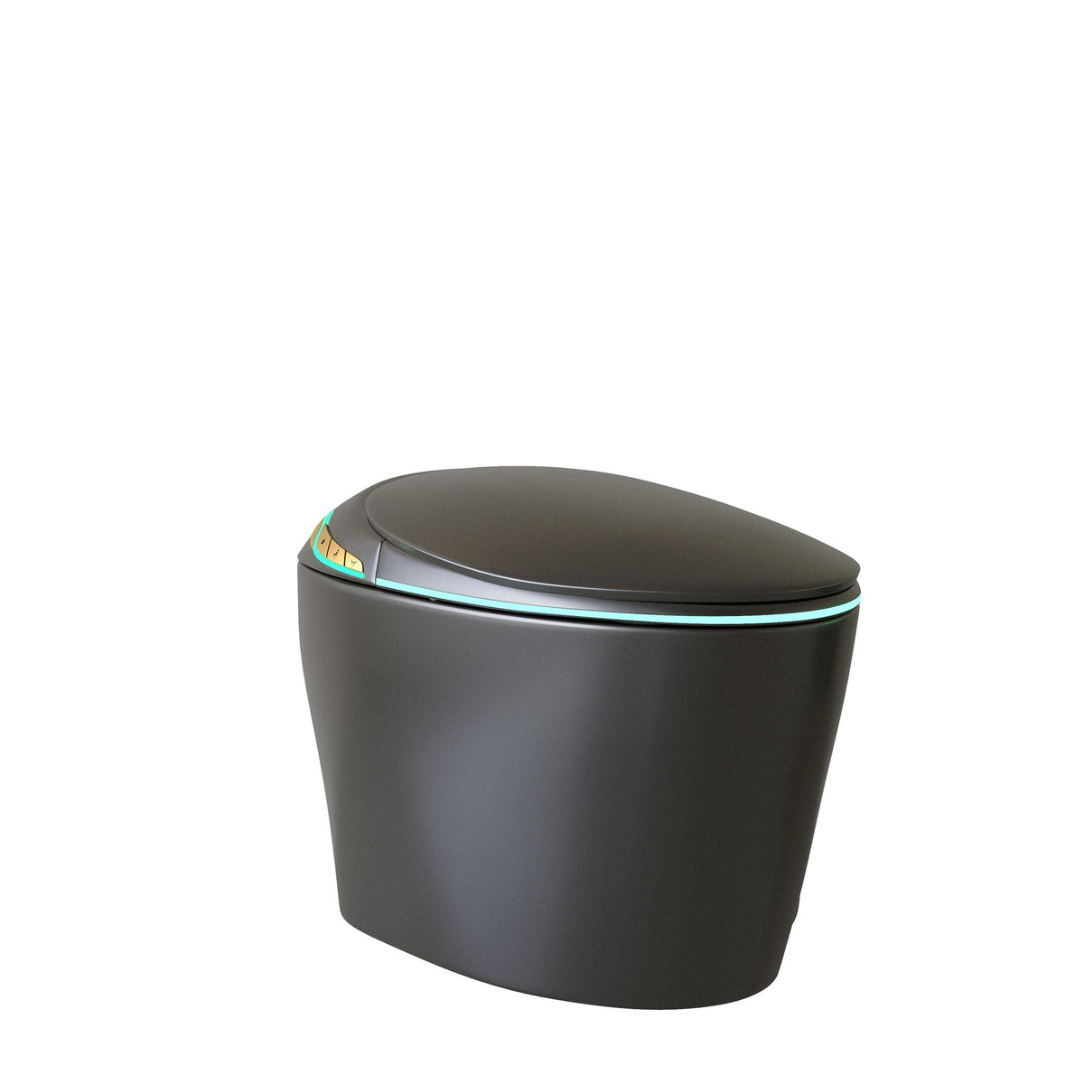 Smart toilet with matte black finish and ceramic bidet, HouseOfZazla, teal LED accent on Tampa Home & Garden Store