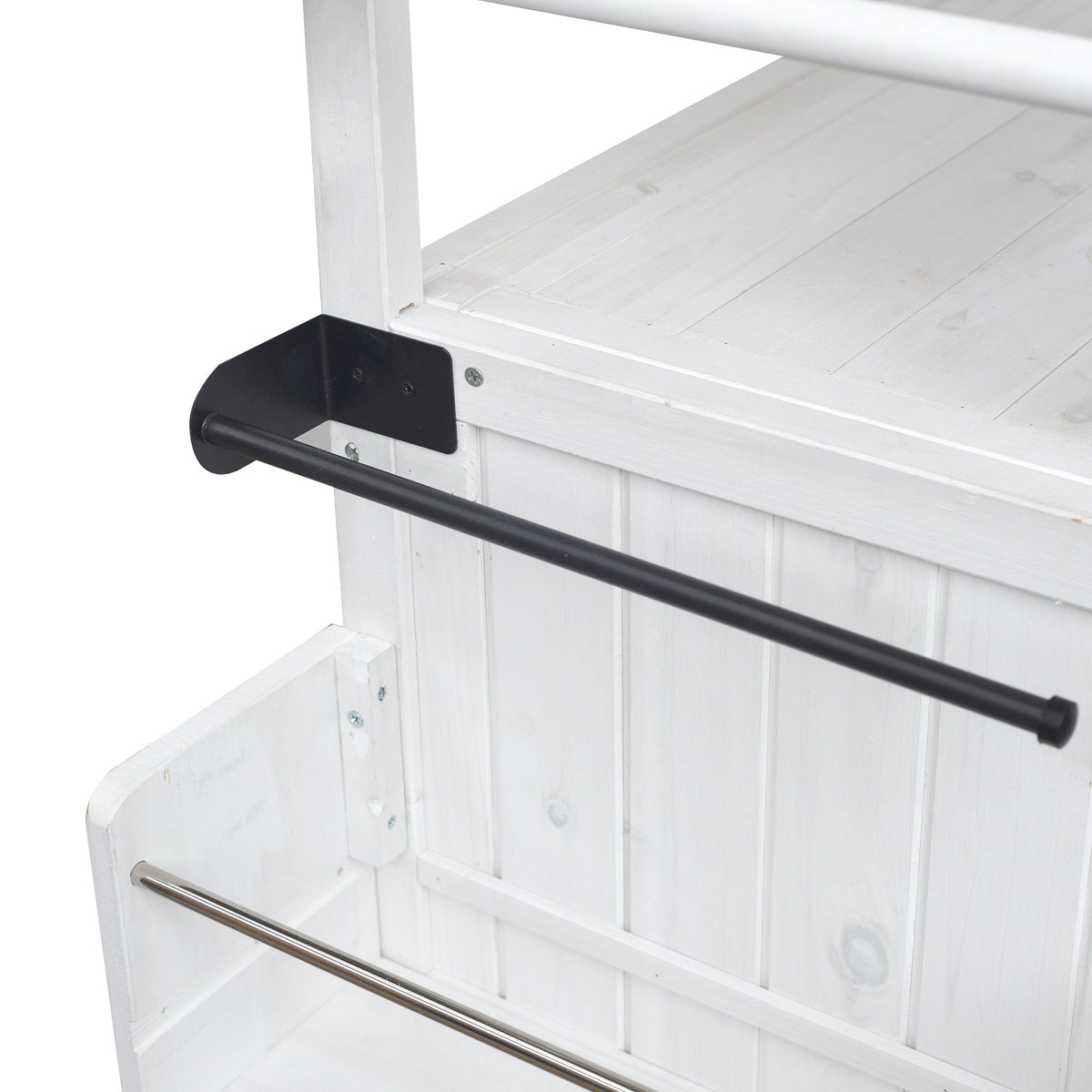 HouseOfZazla foldable outdoor kitchen island with storage, white wood, black metal bar on Tampa Home & Garden Store