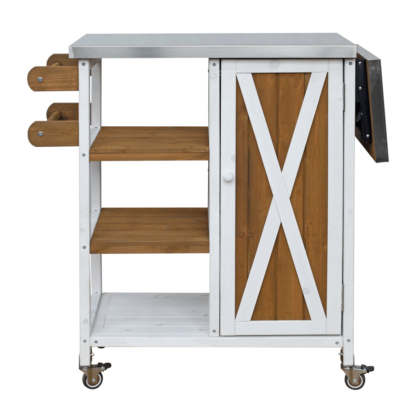 Foldable outdoor kitchen island HouseOfZazla; white frame, wood shelves on Tampa Home & Garden Store