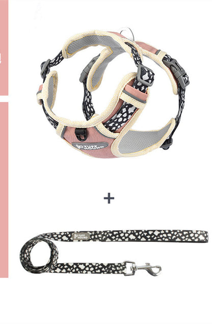 Dog chest harness with leash by Pet Zen, beige-pink padding and black/white patterned leash on Tampa Home & Garden Store