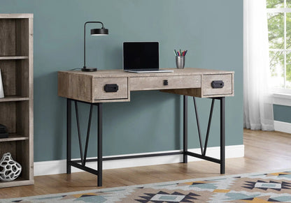 Writing desk in rustic wood finish with 2 drawers and laptop on top, black metal legs on Tampa Home & Garden Store