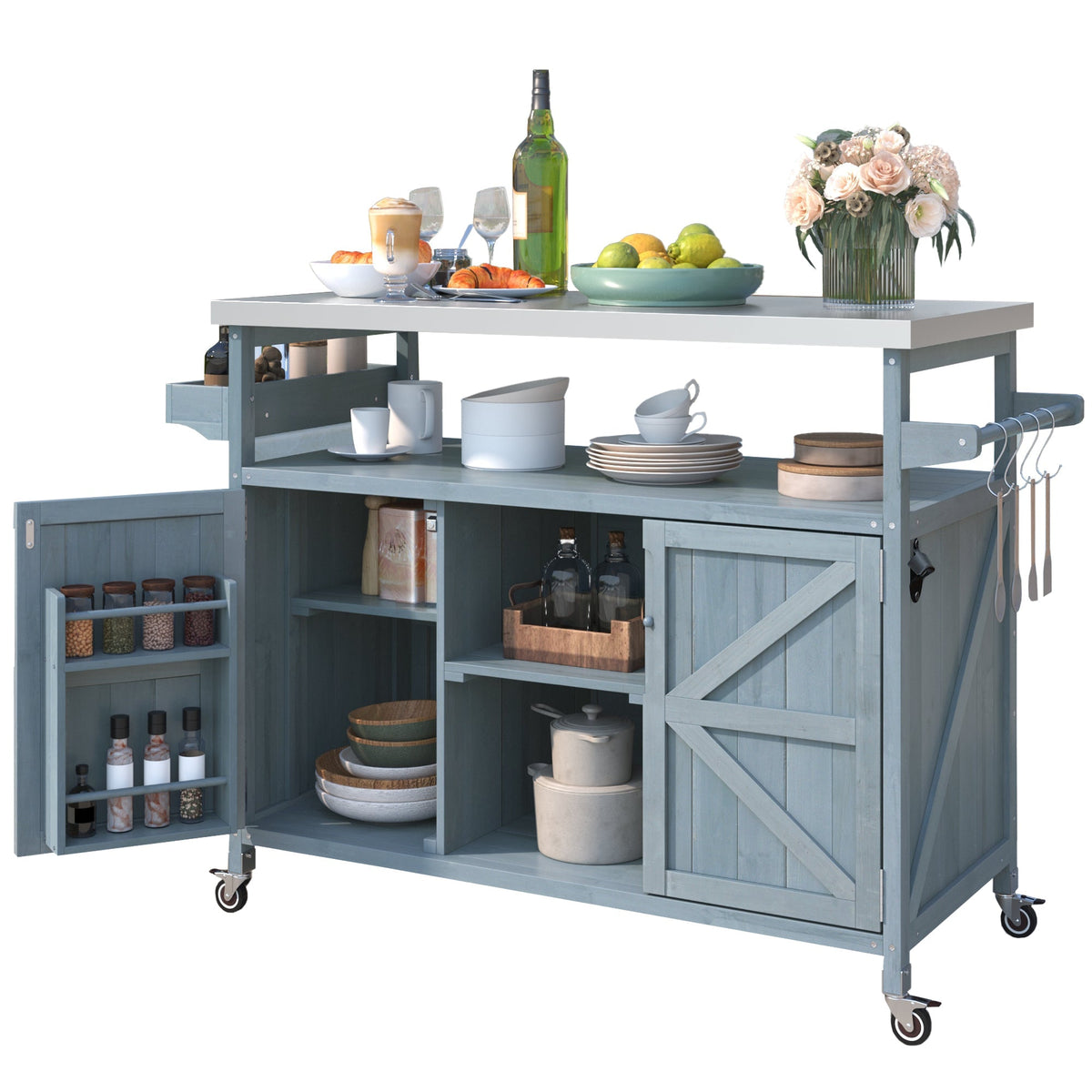 K&K Outdoor Kitchen Island rolling bar cart in blue-gray wood with wheels; top features wine bottle, glasses, lemons, croissants and flowers on Tampa Home & Garden Store