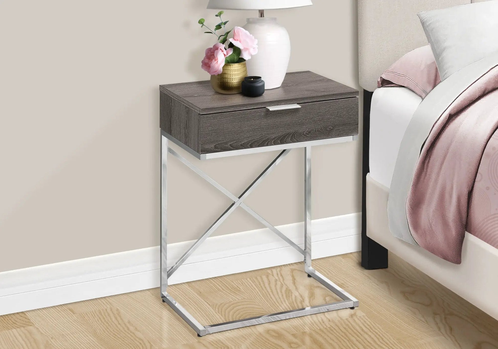 Accent Side Table taupe wood finish with storage drawer and chrome legs on Tampa Home & Garden Store