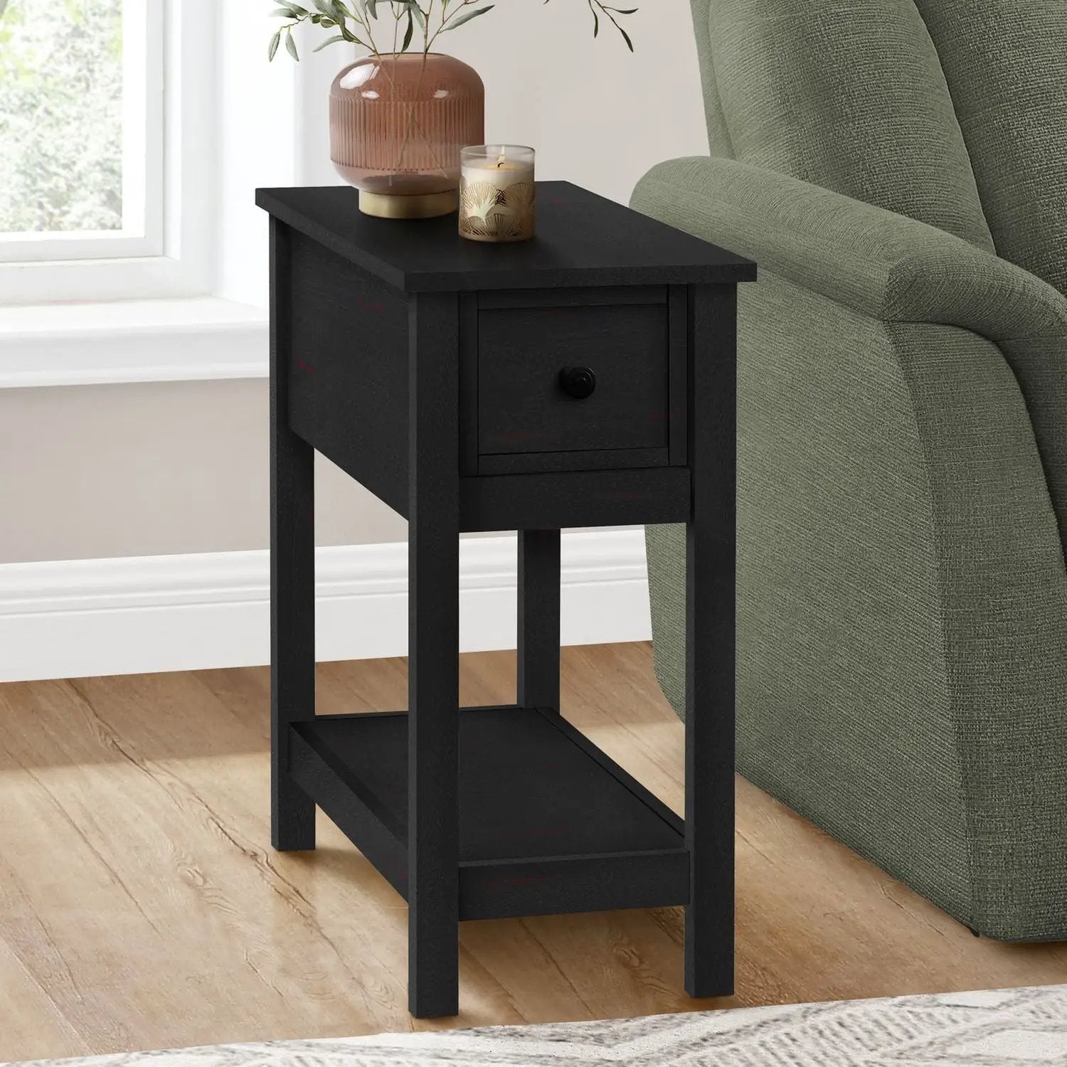 Accent End Table, 2-tier black with drawer and lower shelf beside a green sofa on Tampa Home & Garden Store