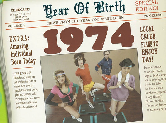 Birthday card Year of Birth 1974 with large 1974 numerals and retro newspaper design on Tampa Home & Garden Store