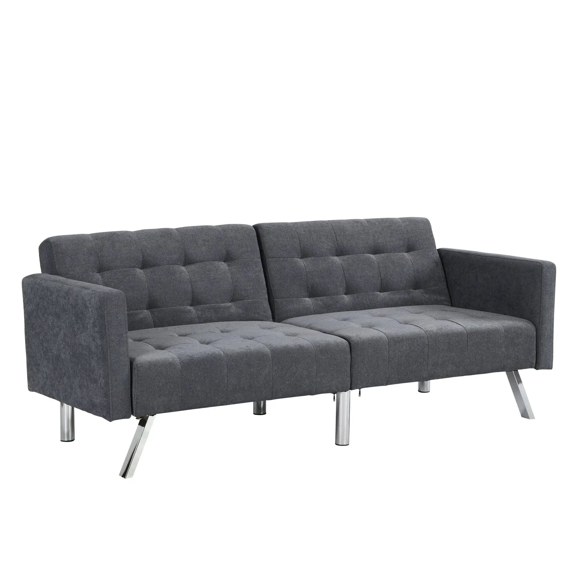Futon sofa bed dark gray fabric with tufted cushions and armrests on Tampa Home & Garden Store