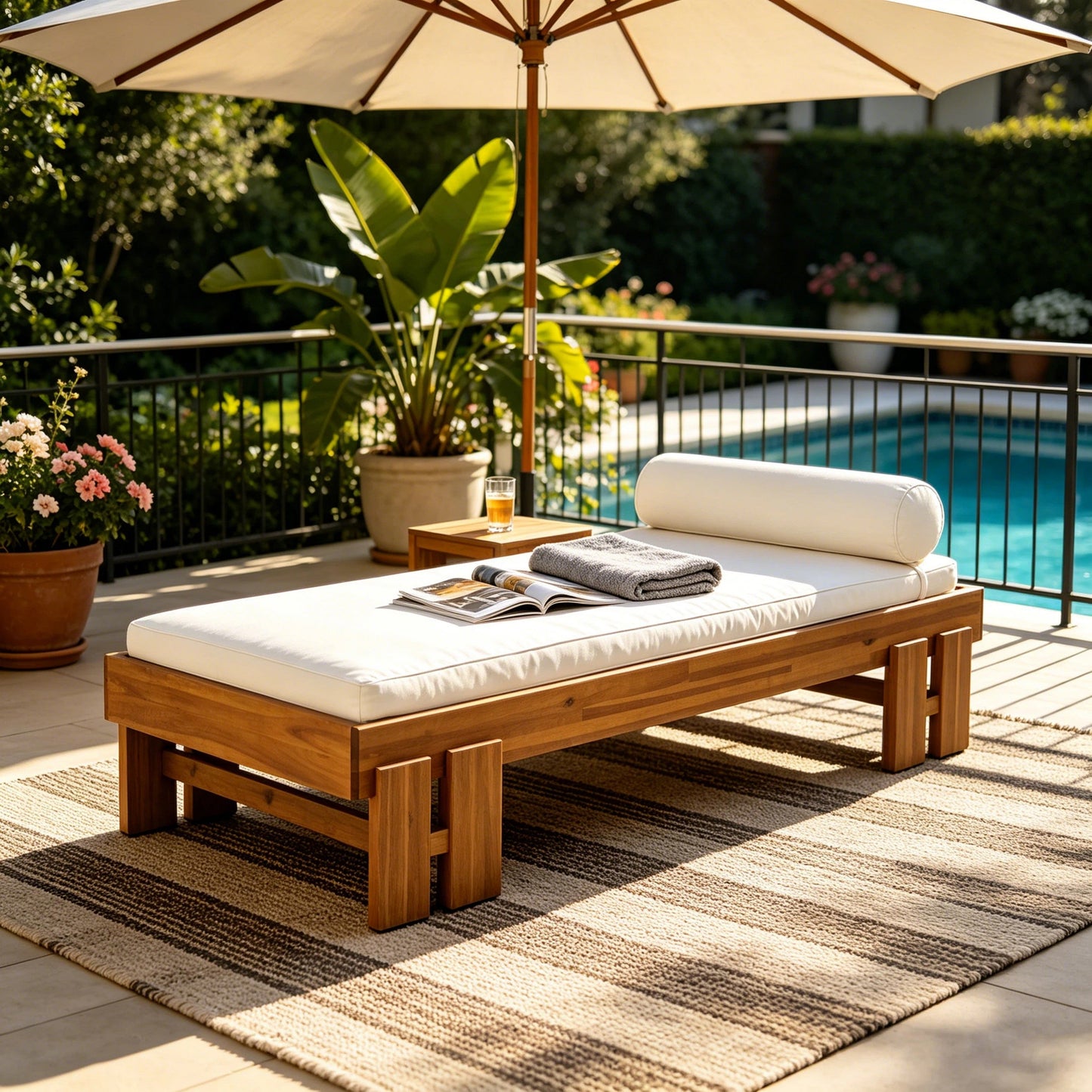 Teak Finish Acacia Wood Daybed with Cream Cushion for Patio Seating by HouseOfZazla on Tampa Home & Garden Store