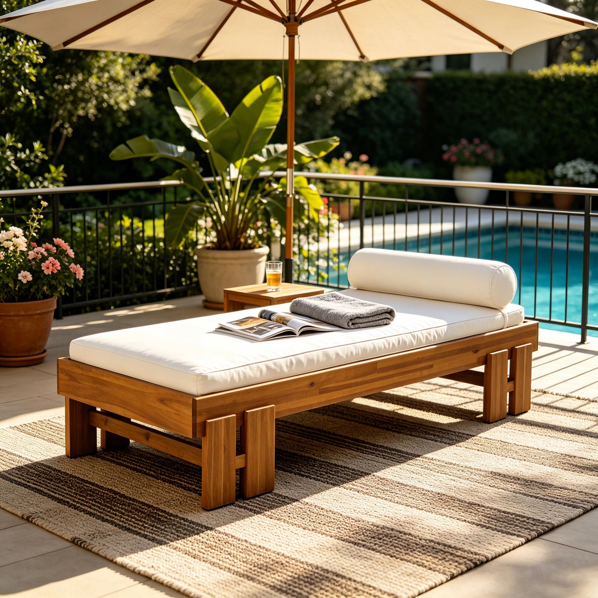 Teak Finish Acacia Wood Daybed with Cream Cushion for Patio Seating by HouseOfZazla on Tampa Home & Garden Store
