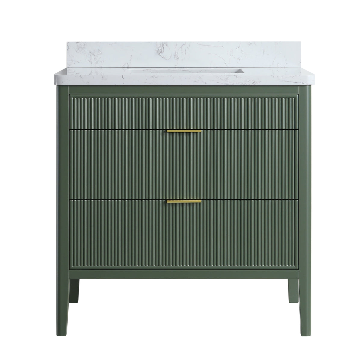 36 Inch solid wood bathroom vanity with olive-green ribbed doors and white marble countertop on Tampa Home & Garden Store