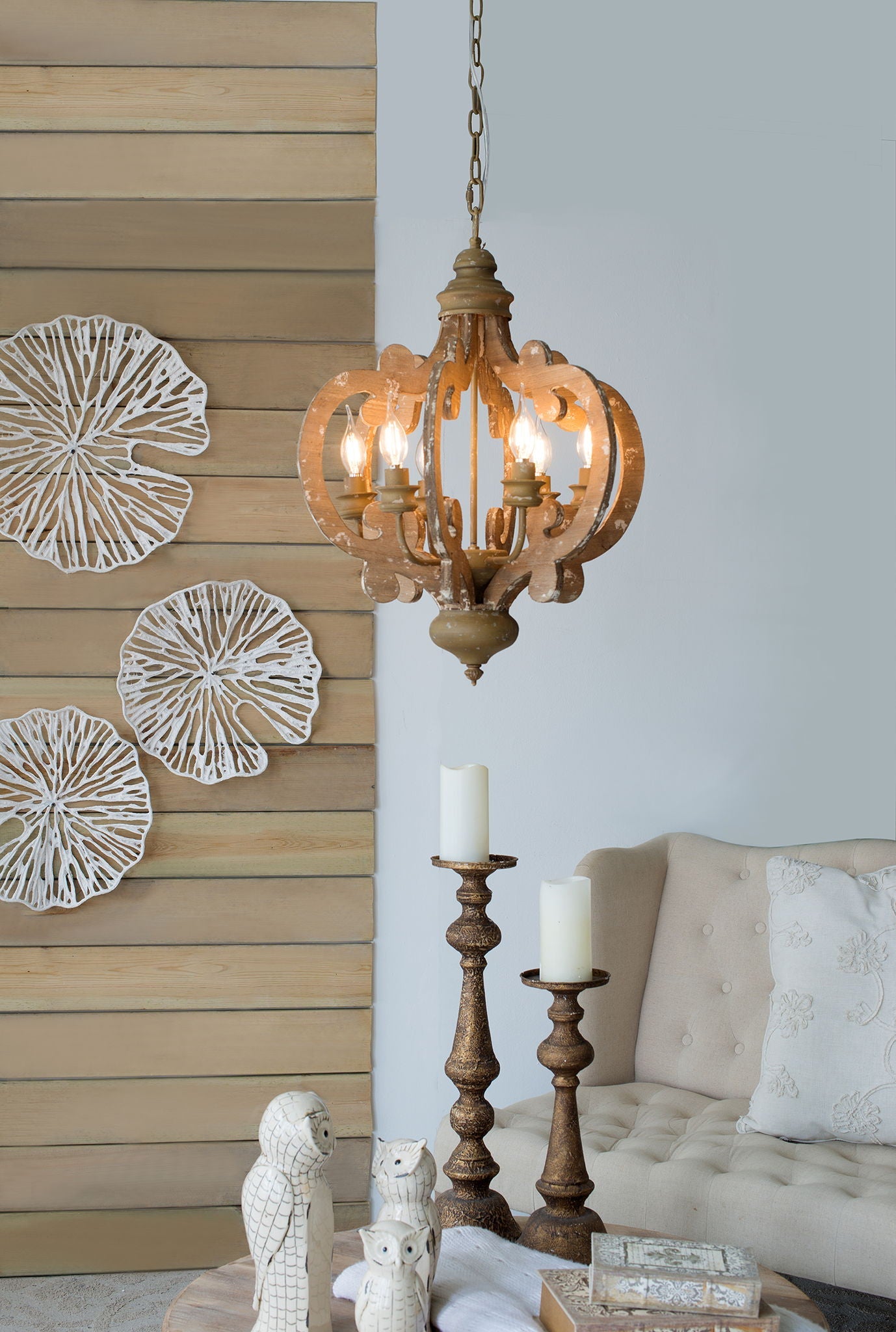 Farmhouse Chandelier With 6 Light Wood Pendant
