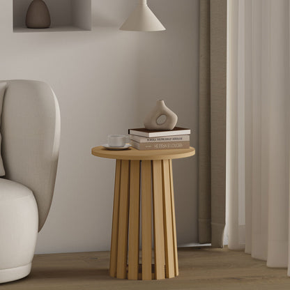 Layla End Table with light brown wood grain, round top and slatted pedestal base, books decor on Tampa Home & Garden Store