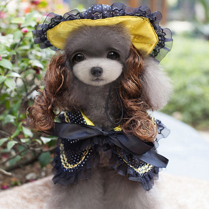 Christmas dog costume Pet Zen with yellow hat and black lace cape with gold trim on gray poodle on Tampa Home & Garden Store