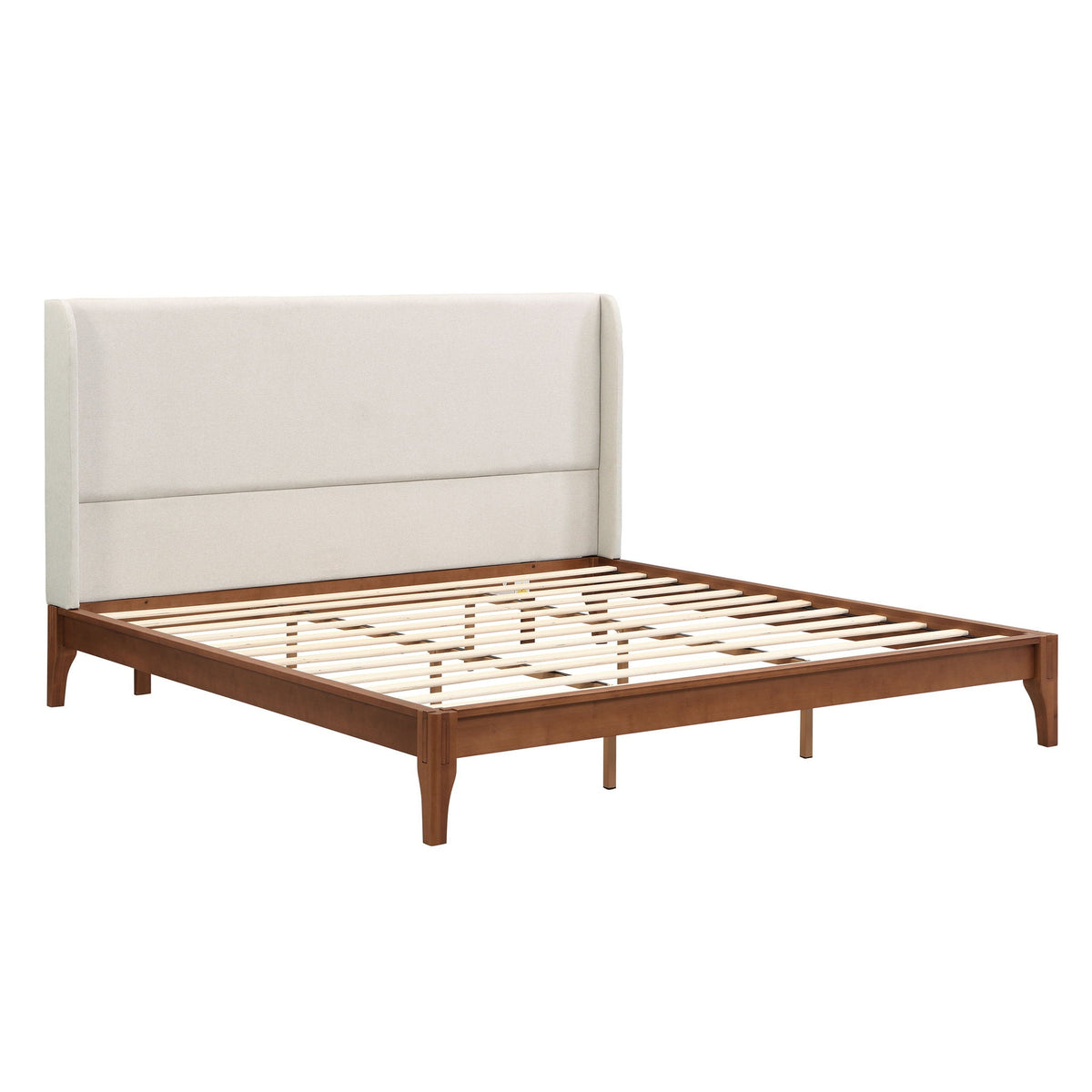 King size platform bed with upholstered high headboard in beige and brown wood frame on Tampa Home & Garden Store