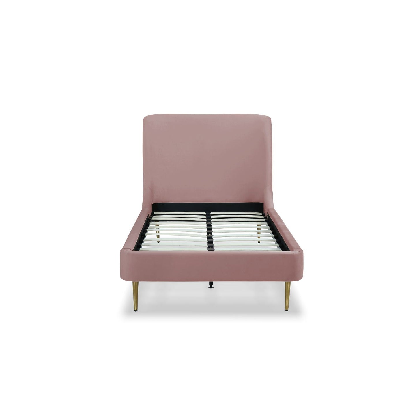 Mid-Century upholstered bed with a curved pink headboard, gold tapered legs, and visible slat base on Tampa Home & Garden Store