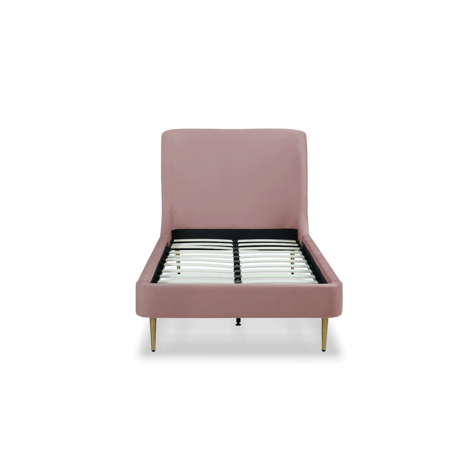 Mid-Century upholstered bed with a curved pink headboard, gold tapered legs, and visible slat base on Tampa Home & Garden Store