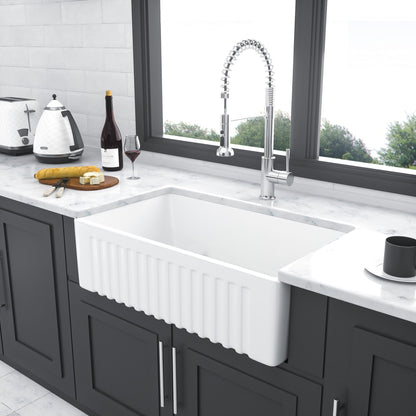 Elegant Farmhouse Apron Front Ceramic Single Bowl Kitchen Sink white ribbed front on Tampa Home & Garden Store
