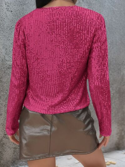 Stevvex pink sequin cropped jacket open-front with glamorous sparkle, back view on Tampa Home & Garden Store