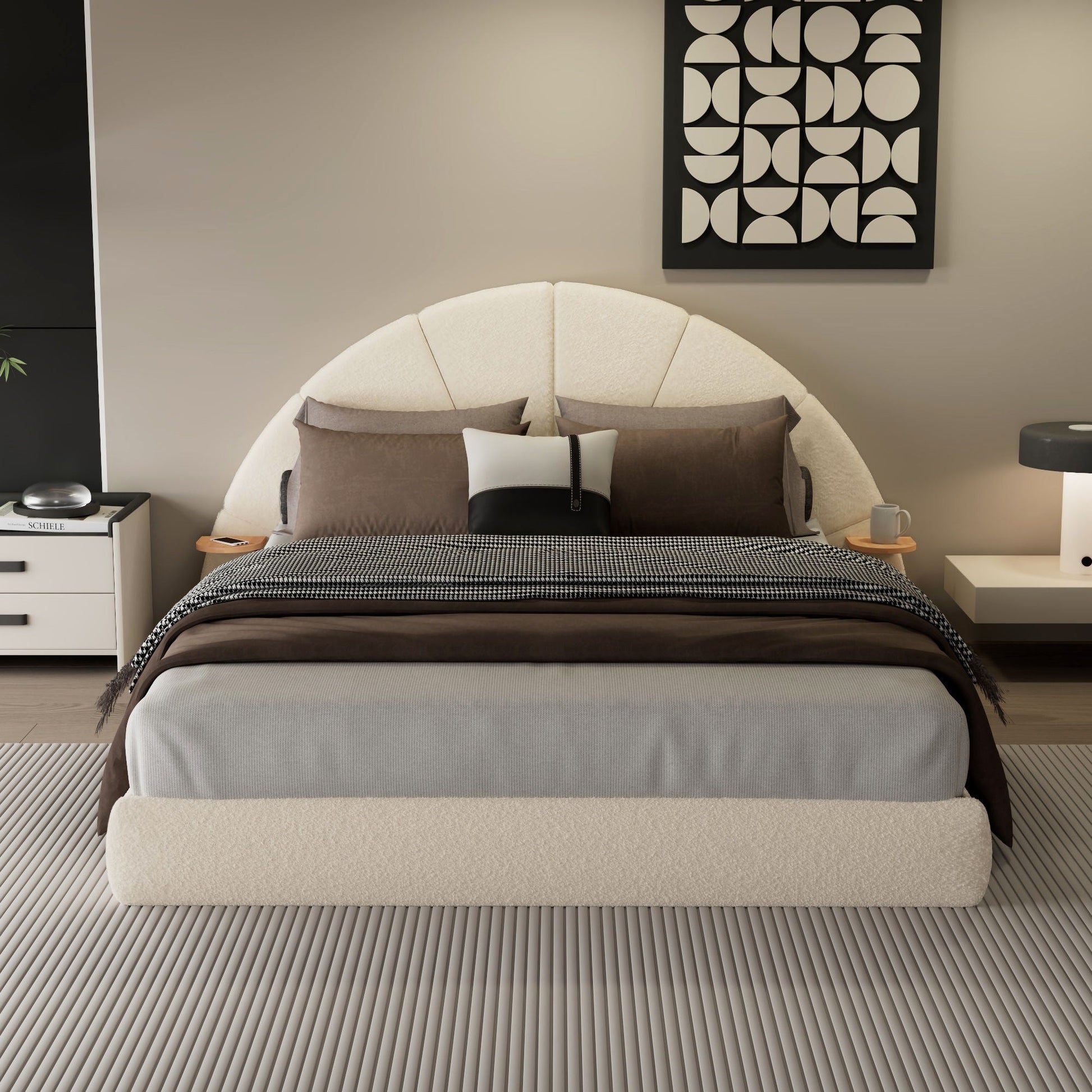 Queen arched beige upholstered bed with floor-standing design and two tables HouseOfZazla on Tampa Home & Garden Store