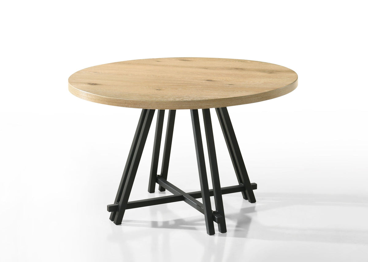 Tate round dining table with oak finish and black metal base by HouseOfZazla on Tampa Home & Garden Store