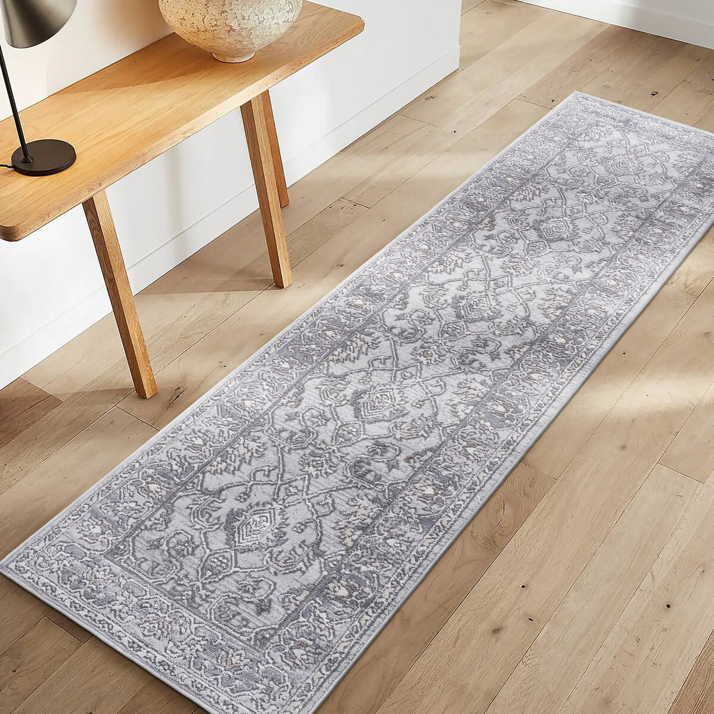Marfi Trendy Oriental Rug runner in gray and white with intricate motif on Tampa Home & Garden Store