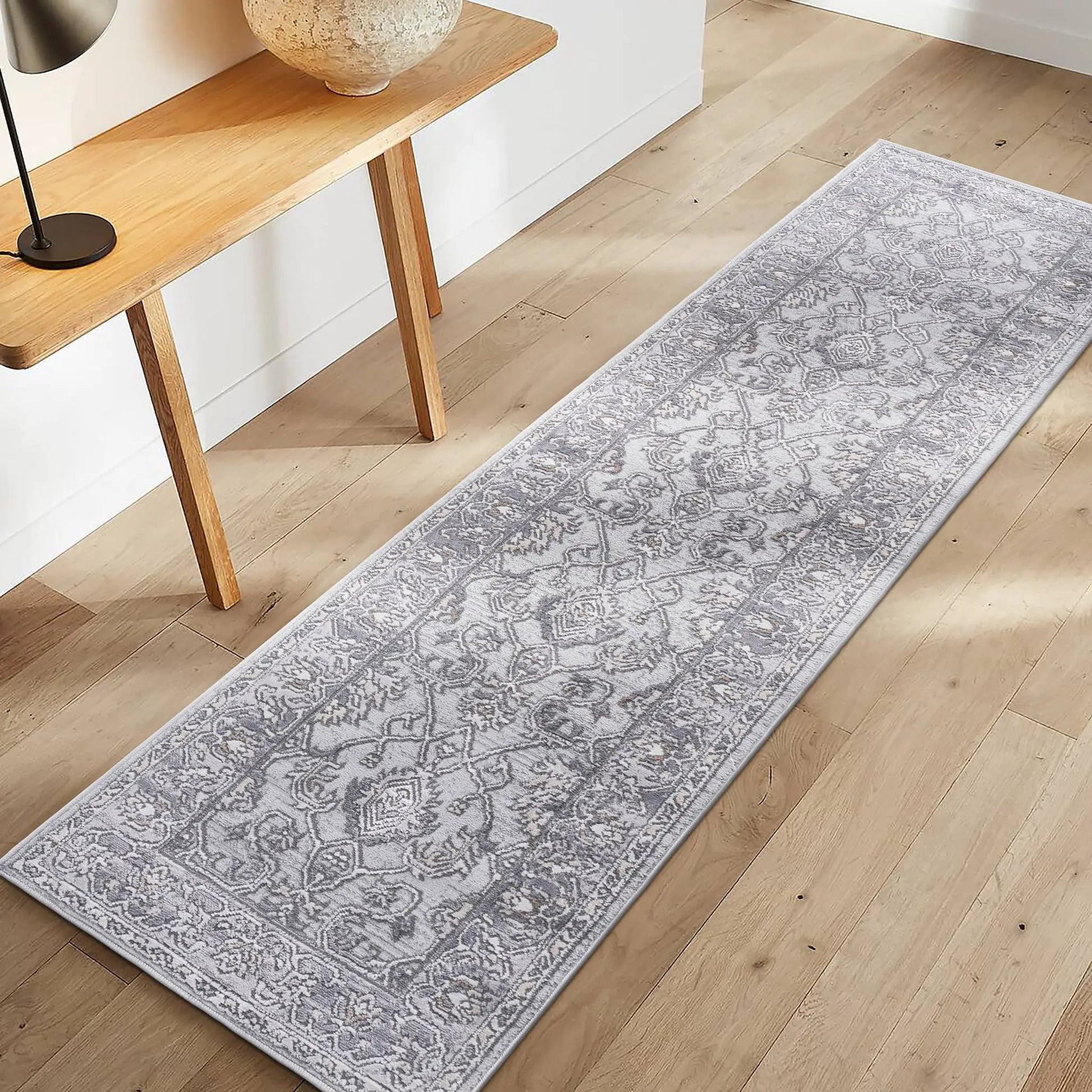 Marfi Trendy Oriental Rug runner in gray and white with intricate motif on Tampa Home & Garden Store