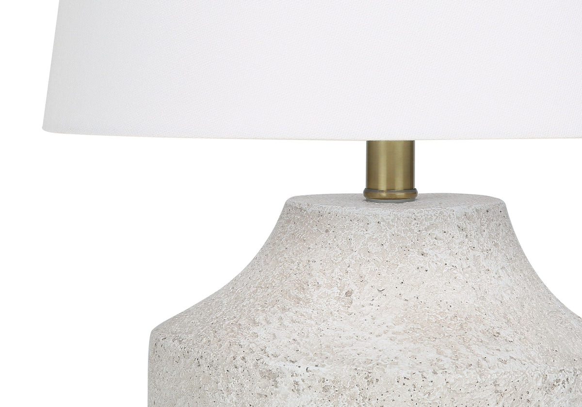 Table lamp with cream concrete base, brass stem, and white fabric shade by HouseOfZazla on Tampa Home & Garden Store