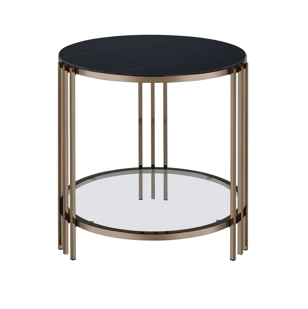 Abisha Sintered Stone Round Table with Lower Shelf black top gold metal frame HouseOfZazla on Tampa Home & Garden Store