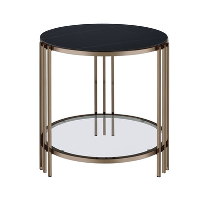 Abisha Sintered Stone Round Table with Lower Shelf black top gold metal frame HouseOfZazla on Tampa Home & Garden Store