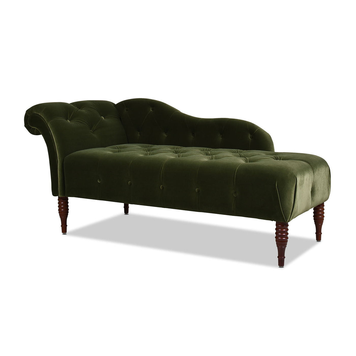 Tufted roll-arm chaise lounge in dark green velvet with premium foam and turned wood legs on Tampa Home & Garden Store