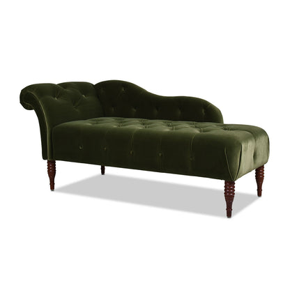 Tufted roll-arm chaise lounge in dark green velvet with premium foam and turned wood legs on Tampa Home & Garden Store