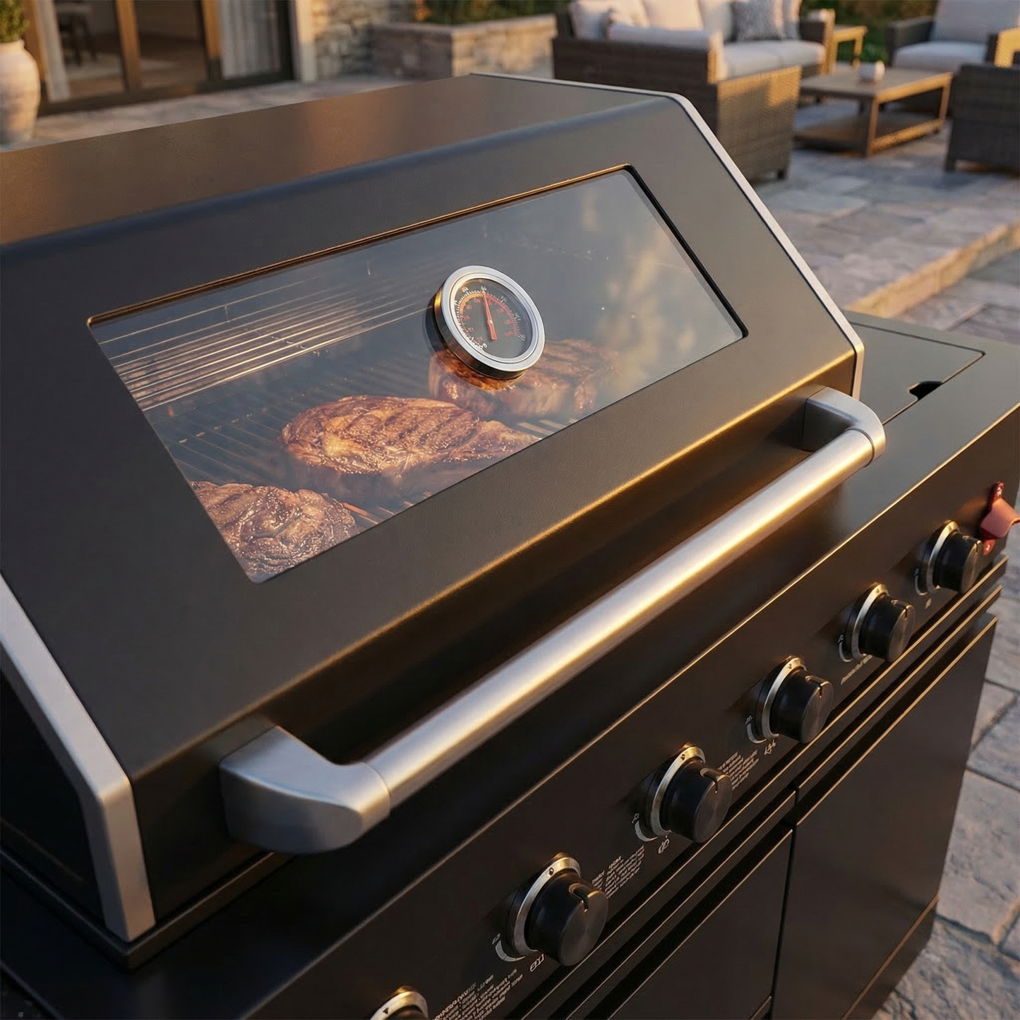 65.4-inch stainless steel propane grill by HouseOfZazla with hood thermometer and 4 knobs on Tampa Home & Garden Store