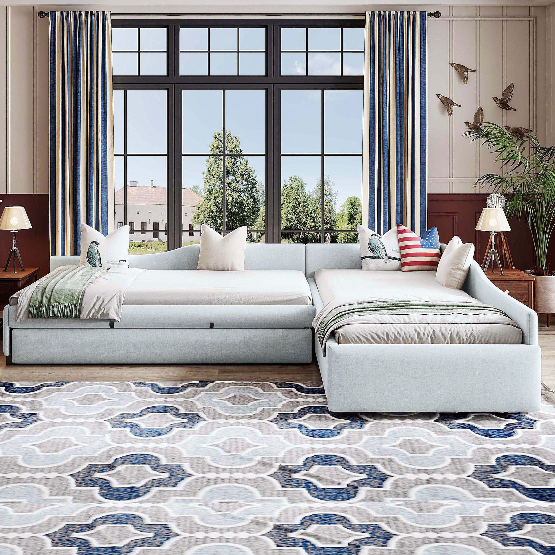 Upholstered double daybed with trundle and drawer in light gray fabric by HouseOfZazla on Tampa Home & Garden Store