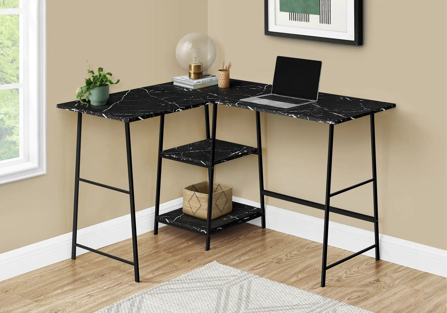 Corner desk Unique Piece Furniture with black marble-look laminate top, L-shaped with shelf on Tampa Home & Garden Store