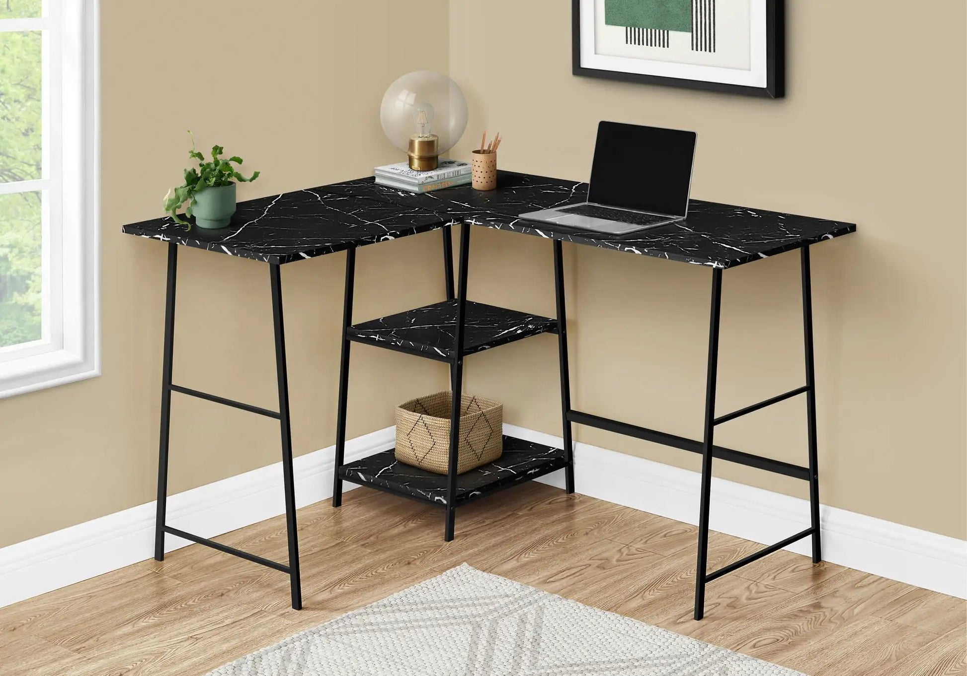 Corner desk Unique Piece Furniture with black marble-look laminate top, L-shaped with shelf on Tampa Home & Garden Store