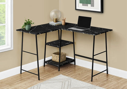 Corner desk Unique Piece Furniture with black marble-look laminate top, L-shaped with shelf on Tampa Home & Garden Store