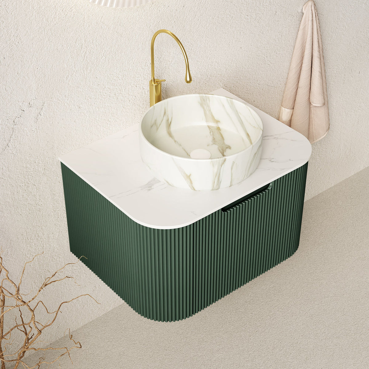 Dina 24 Inch Vanity with Ceramic Basin, gold faucet, marble bowl, green cabinet on Tampa Home & Garden Store